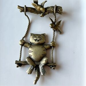 Vintage JJ Jonette Brooch Pin Cat on Swing Pewter Happy Cat Birds Branch D142